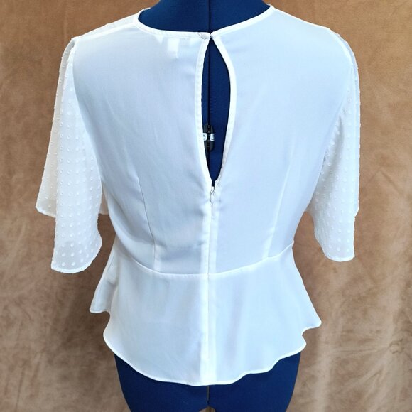 EXPRESS Cream Chiffon Blouse Short Dotted Swiss Flutter Sleeve Peplum Flare S - Picture 3 of 8